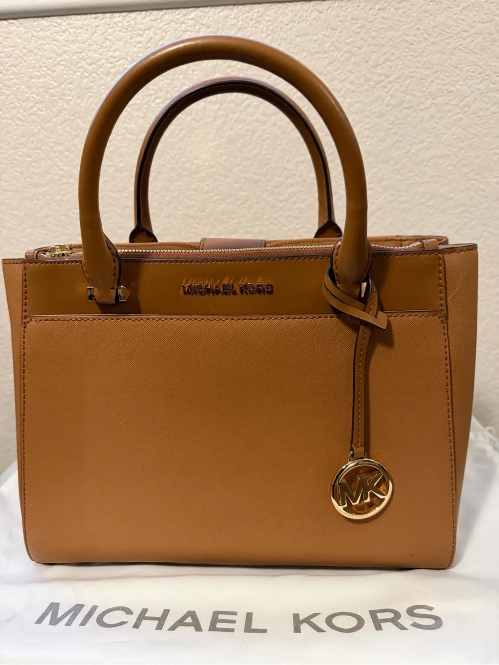 Michael Kors Cognac Saffiano Leather Satchel with Gold Charm